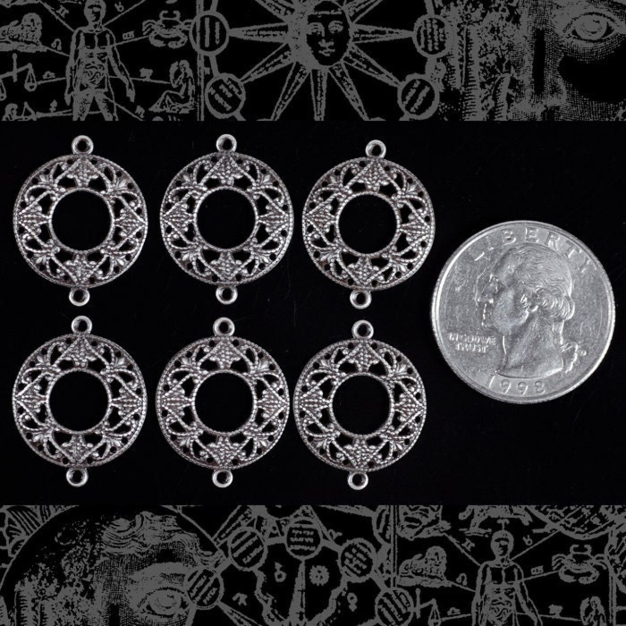 Antiqued Silver Plated Brass Open Filigree Circles Connectors - Set of Six - S-2C30